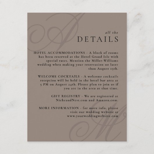 Carte D'accompagnement Taupe Moderne Edge Élégant Détails du monogramme (Devant)
