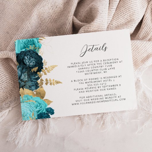 Carte D'accompagnement Teal Aqua Floral Gold Script Wedding Details 