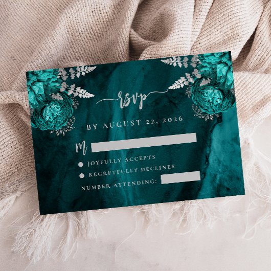Carte D'accompagnement Teal Bleu Argent Floral Agate Écriture Réponse de