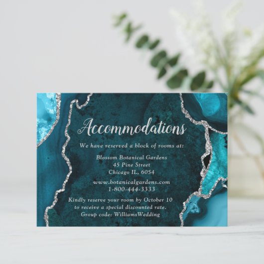 Carte D'accompagnement Teal Blue and Silver Agate Wedding Accommodations (Debout devant)