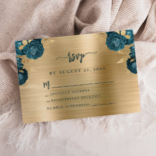 Carte D'accompagnement Teal Blue Floral Or Brushed Metal Doré Mariage RSV