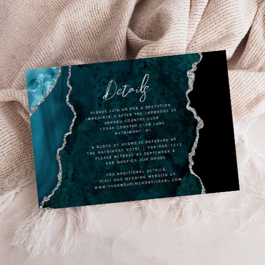 Carte D'accompagnement Teal Blue Silver Agate Script Wedding Details