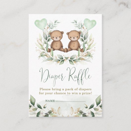 Carte D'accompagnement Teddy Bear Twins Greenery Gold Diaper Raffle Baby (Devant)
