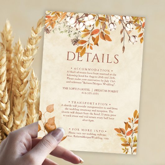 Carte D'accompagnement Terracotta Autumn Leaves Boho Détails du Mariage d