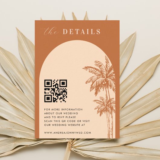 Carte D'accompagnement Terracotta Boho Palm Trees QR Code Détails Mariage