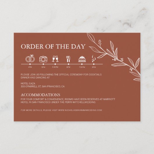 Carte D'accompagnement Terracotta Burnt Orange Rustique Mariage Timeline (Devant)