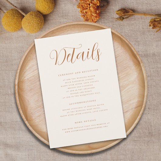 Carte D'accompagnement Terracotta Élégant Script Détails Mariage moderne