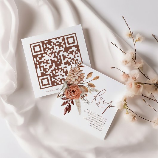 Carte D'accompagnement Terracotta Florals QR Code Script Wedding RSVP