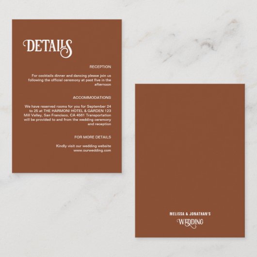 Carte D'accompagnement Terracotta Retro Mince Script Détails du Mariage (Devant / Derrière)