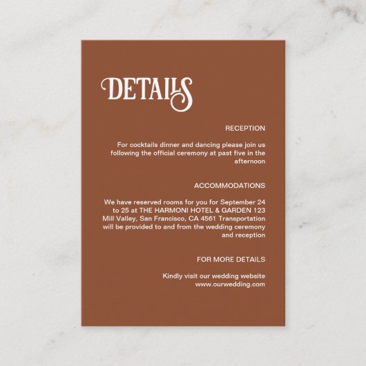 Carte D'accompagnement Terracotta Retro Mince Script Détails du Mariage (Devant)