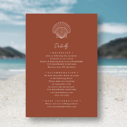 Carte D'accompagnement Terracotta Seashell Beach Destination Mariage