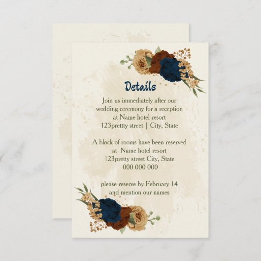 Carte D'accompagnement terre cuite marine fleurs détails mariage (Devant / Derrière)