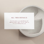 Carte D'accompagnement Texte élégant blanc et rouge foncé | Détails du Ma<br><div class="desc">Ces cartes d'enclos minimalistes et élégantes présentent du rouge foncé,  du texte marron sur un arrière - plan blanc,  pour un look simple et élégant. Entrez simplement les détails concernant l'hébergement à l'hôtel,  l'itinéraire de la route et d'autres informations importantes pour vos invités.</div>