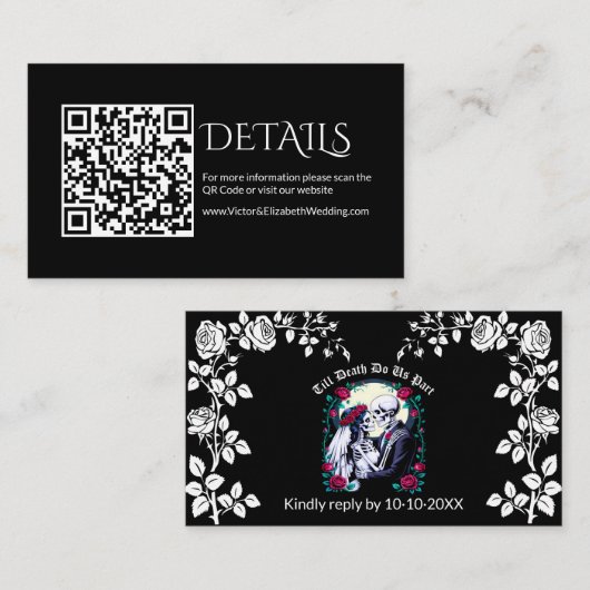 Carte D'accompagnement Till Death Gothic Black Skeletons Mariage Qr Code (Devant / Derrière)