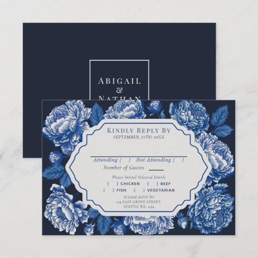 Carte D'accompagnement Toile Bleue De Jouy Peony Mariage RSVP (Devant / Derrière)