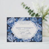Carte D'accompagnement Toile Bleue De Jouy Peony Mariage RSVP (Debout devant)