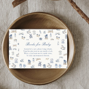 Carte D'accompagnement Toile De Jouy Baby Shower Bleu Ruban Livres pour B