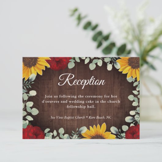 Carte D'accompagnement Tour de mariage Tournesols Roses Eucalyptus Bois (Debout devant)