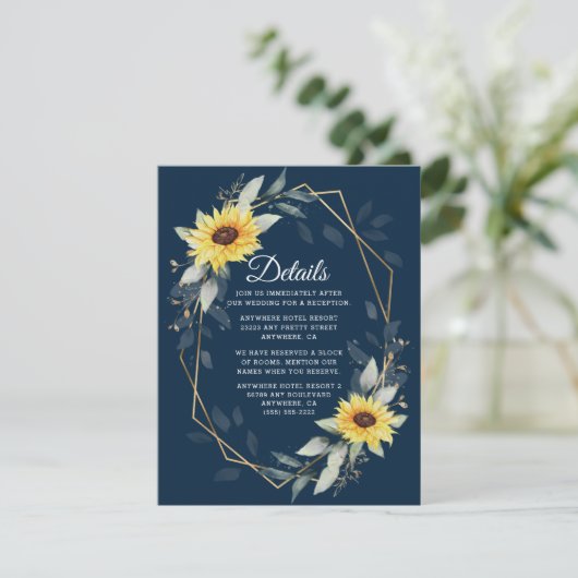 Carte D'accompagnement Tournesol et bleu marine Mariage géométrique russe (Debout devant)