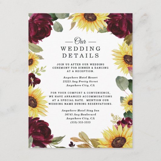 Carte D'accompagnement Tournesol et Rose Bourgogne Rouge Rustique Mariage (Devant)