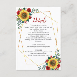 Carte D'accompagnement Tournesol Rouge Floral Détails du Mariage géométri