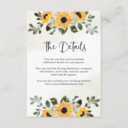 Carte D'accompagnement Tournesol rustique | Détails du Mariage aquarelle (Devant)