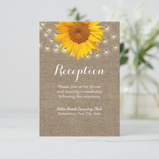 Carte D'accompagnement Tournesol rustique et lumières à cordes Réception (Debout devant)