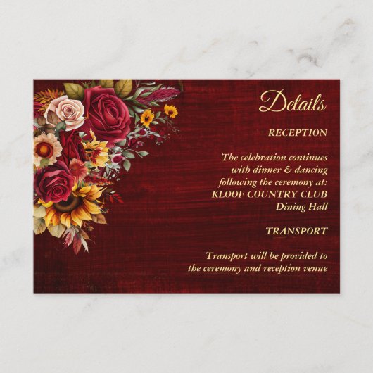 Carte D'accompagnement tournesols jaunes mariage de automne bordeaux (Devant)