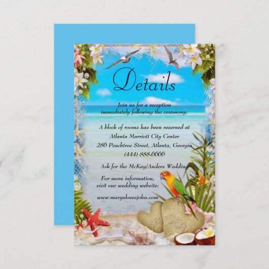 Carte D'accompagnement Tropical Beach Floral Détails du Mariage (Devant / Derrière)