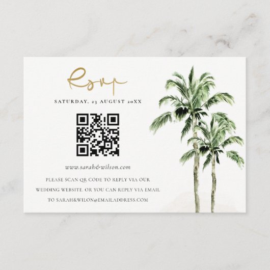 Carte D'accompagnement Tropical Beach Palm Trees Mariage QR Code RSVP (Devant)