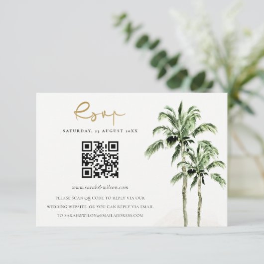 Carte D'accompagnement Tropical Beach Palm Trees Mariage QR Code RSVP (Debout devant)
