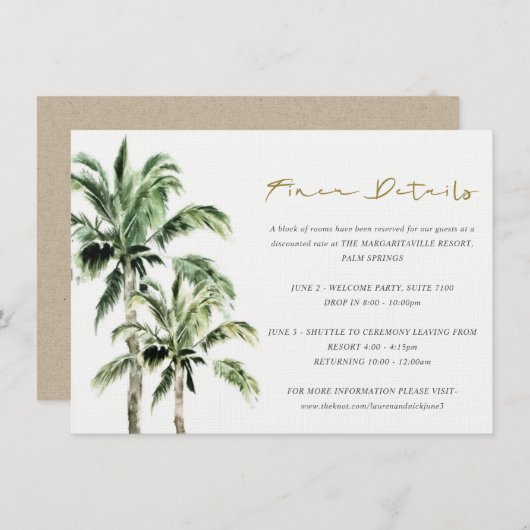 Carte D'accompagnement Tropical Beach Palm Trees Rustic Mariage Détail (Devant / Derrière)