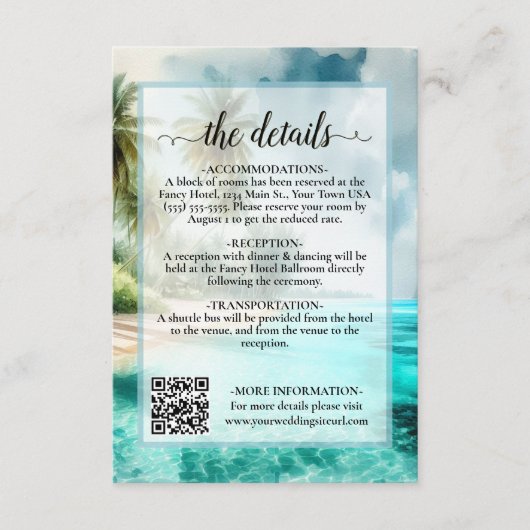 Carte D'accompagnement Tropical Beach Watercolor Wedding Details QR Code (Devant)