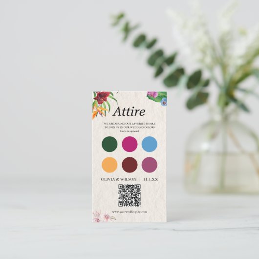 Carte D'accompagnement Tropical Mariage habit code palette + QR (Debout devant)