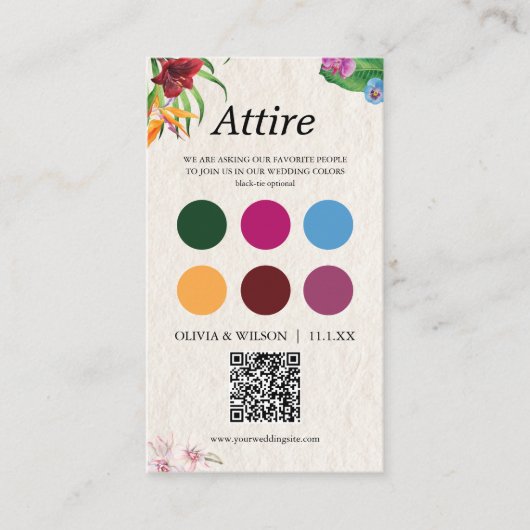 Carte D'accompagnement Tropical Mariage habit code palette + QR (Devant)