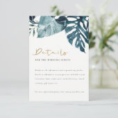Carte D'accompagnement Tropical Monstera Blue Foliage Détails du Mariage (Debout devant)