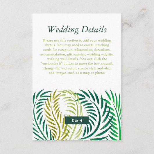 Carte D'accompagnement Tropical Palm Feuilles, Beach Wedding Détails (Devant)