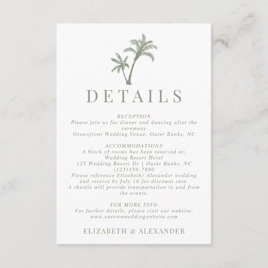 Carte D'accompagnement Tropical Palm Tree Sage Green Détails du Mariage (Devant)