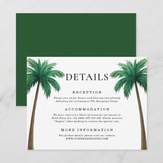 Carte D'accompagnement Tropical Palm Trees Minimal Beach Wedding Details (Devant / Derrière)