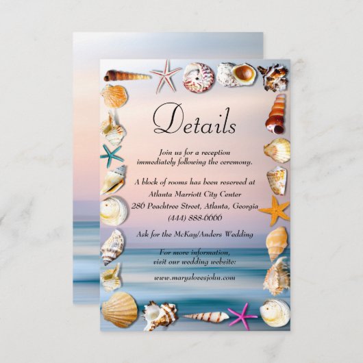 Carte D'accompagnement Tropical Sandy Beach And Seashells Détails Mariage (Devant / Derrière)