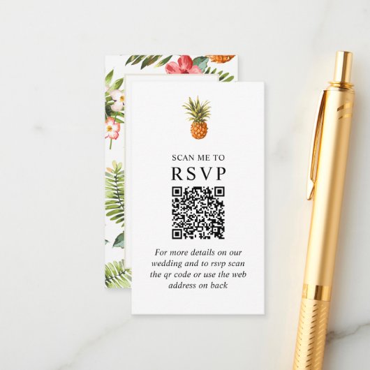 Carte D'accompagnement Tropical Scan Me Wedding RSVP QR Code (Devant/Arrière en situation)