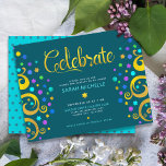 Carte D'accompagnement Turquoise Bat mitzvah Gold Foil Arbre de vie moder<br><div class="desc">Soyez fier, réjouissez-vous et présentez cette étape importante de votre Bat mitzvah préféré ! Cet abstrait arbre à feuille d'or imitation graphique avec brillant turquoise, turquoise, violet et bleu étoile de David et point "feuilles" sur un arrière - plan bleu turquoise, riche, foncé, est l'insert personnalisé parfait pour cette occasion...</div>