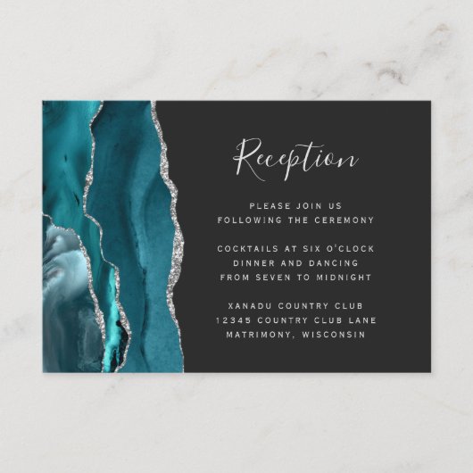 Carte D'accompagnement Turquoise Bleu Argent Agate Noir Mariage Réception (Devant)