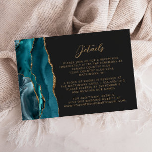 Carte D'accompagnement Turquoise Blue Agate Gold Script Dark Mariage Déta