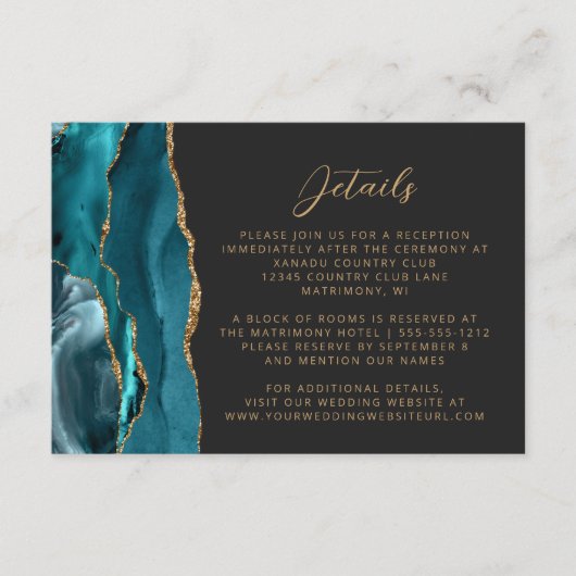 Carte D'accompagnement Turquoise Blue Agate Gold Script Dark Mariage Déta (Devant)