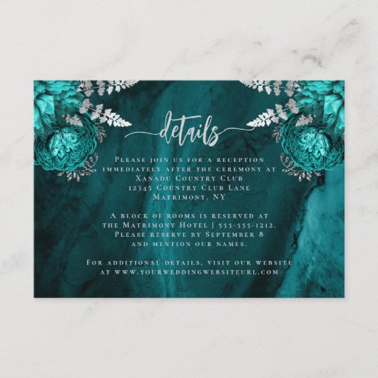 Carte D'accompagnement Turquoise Blue Silver Floral Script Détails du Mar (Devant)