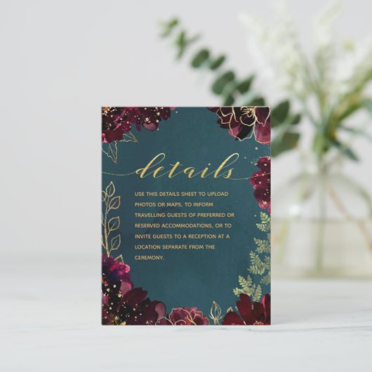 Carte D'accompagnement Turquoise Bordeaux Jewel Tone Mariage Détails Fich (Debout devant)