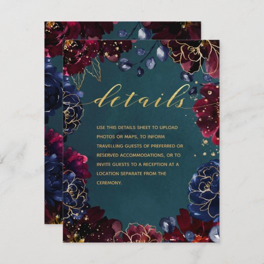 Carte D'accompagnement Turquoise Bordeaux Sapphire Jewel Tone Mariage Dét (Devant / Derrière)