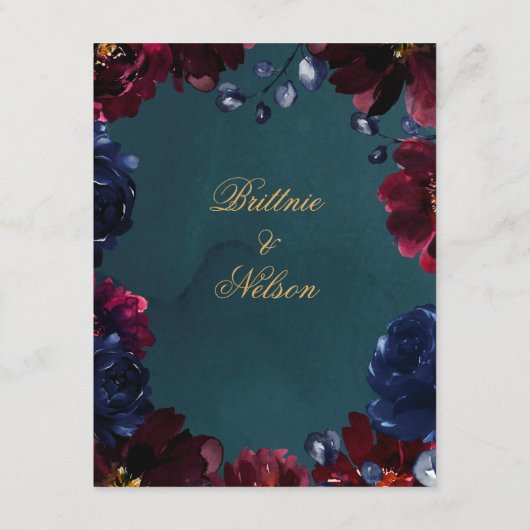 Carte D'accompagnement Turquoise Bordeaux Sapphire Jewel Tone Mariage Dét (Dos)