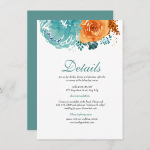Carte D'accompagnement Turquoise Bunrt Orange Floral Détails du Mariage d